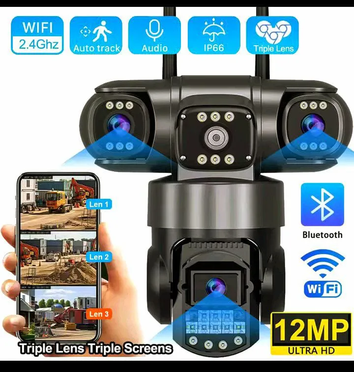 12MP  Ptz Wifi Outdoor Security  Camera Lens, 3 Screen, CCTV,Color Night Vision Auto Tracking, Waterproof, (4+4+4) 12MP With V380 Pro App