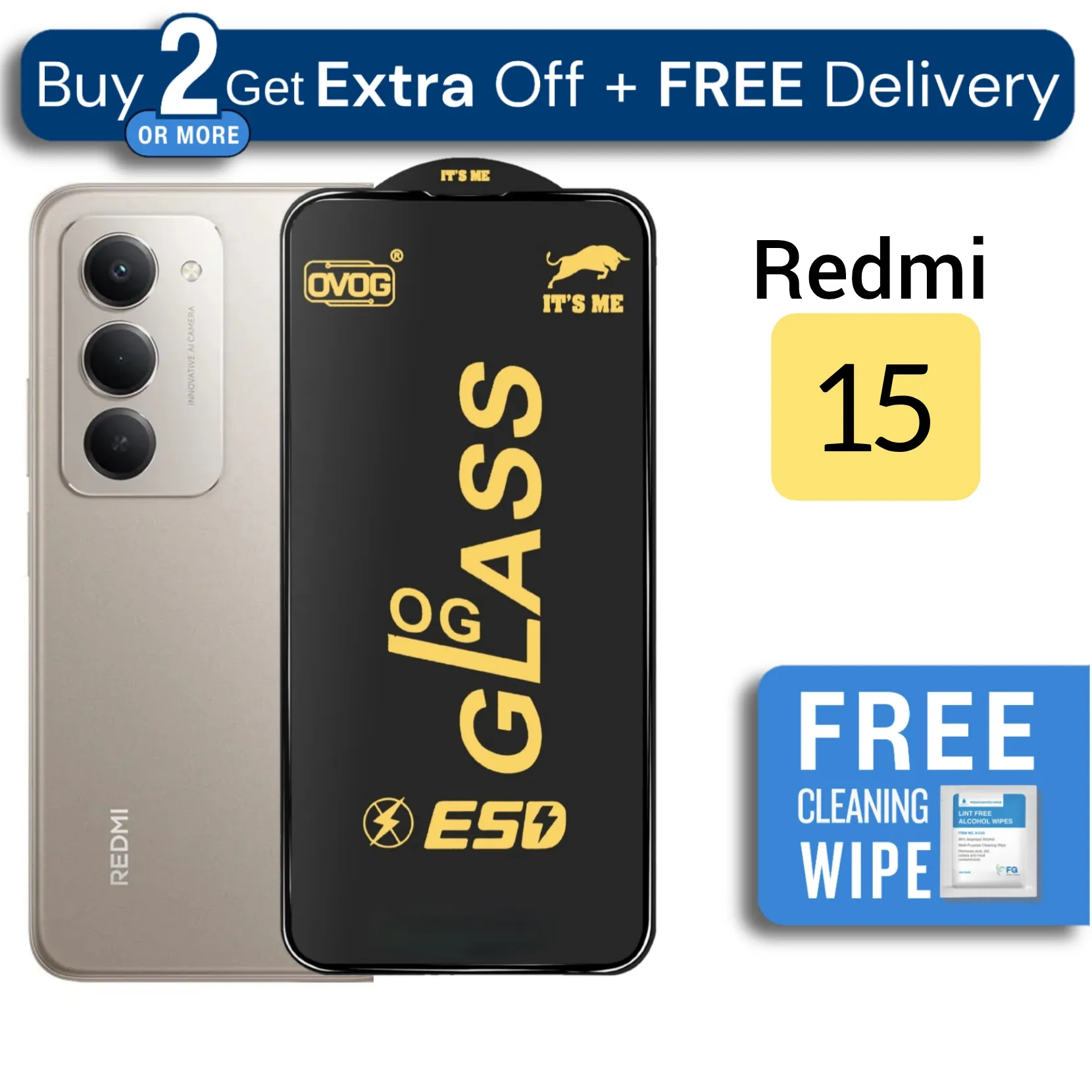 1-5 Pcs - Redmi 15 - OG Gorilla Glass Screen Protector- Premium Quality - Extra Smooth touch - With Cleaning Wipe
