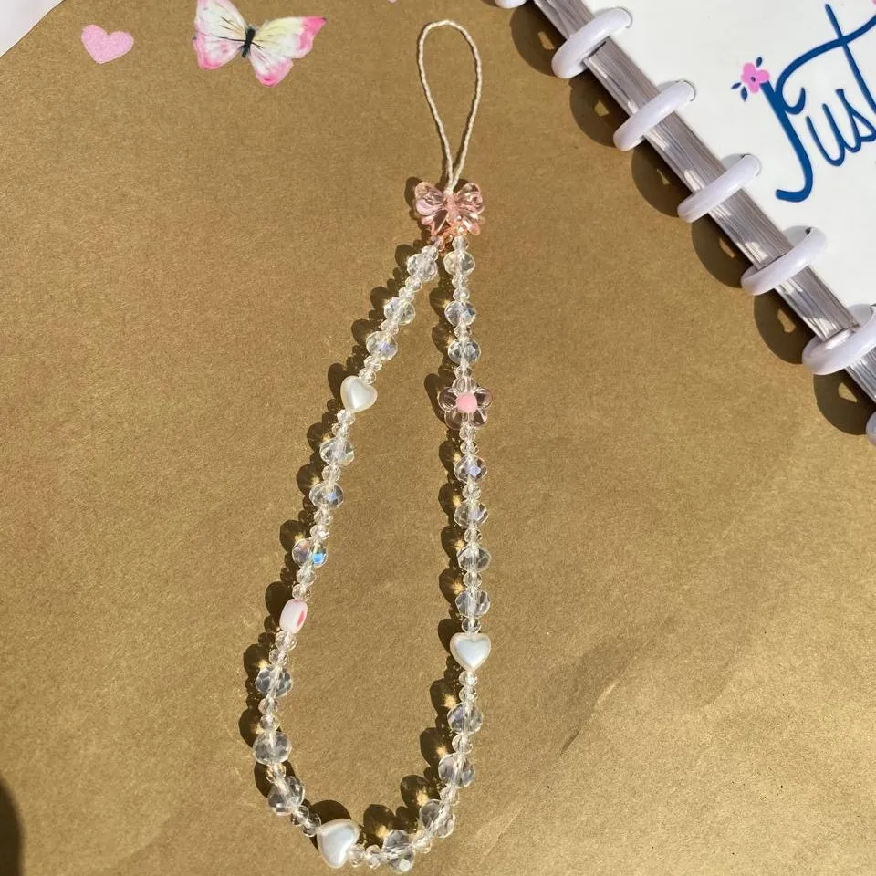 Beaded Phone Charm Strap with Heart and Butterfly Charms, 14cm Lanyard for Girls