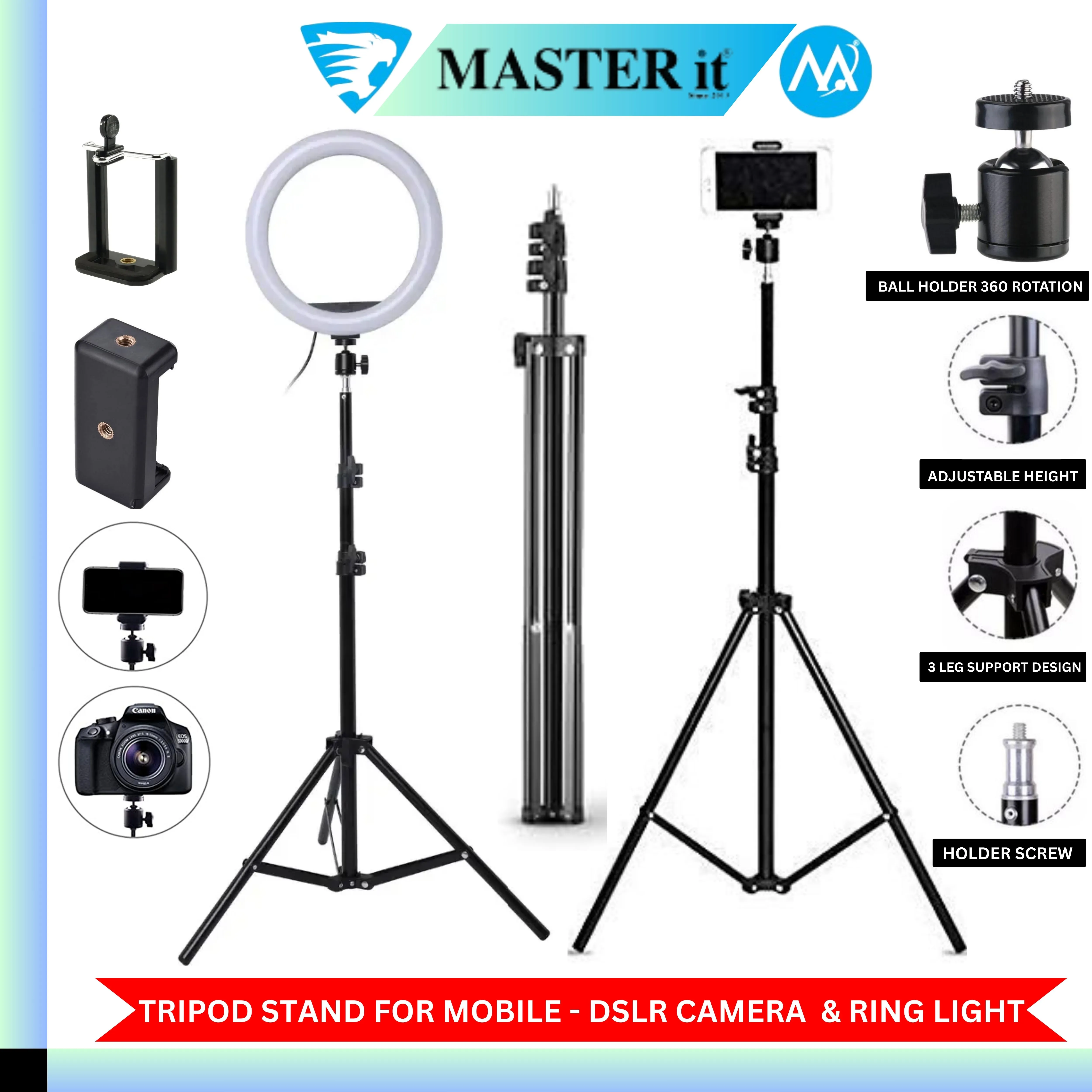 Aluminium 7 Feet Tripod Stand For Ring Light, Mobile Phones & DSLR Cameras - 360 Rotatable Portable & Adjustable 7 Ft Long Tripod With Mobile Holder & Ball Head - Best Use For Videography, Photography, Tiktok, Youtube, Studio Lighting, Equipment - Black