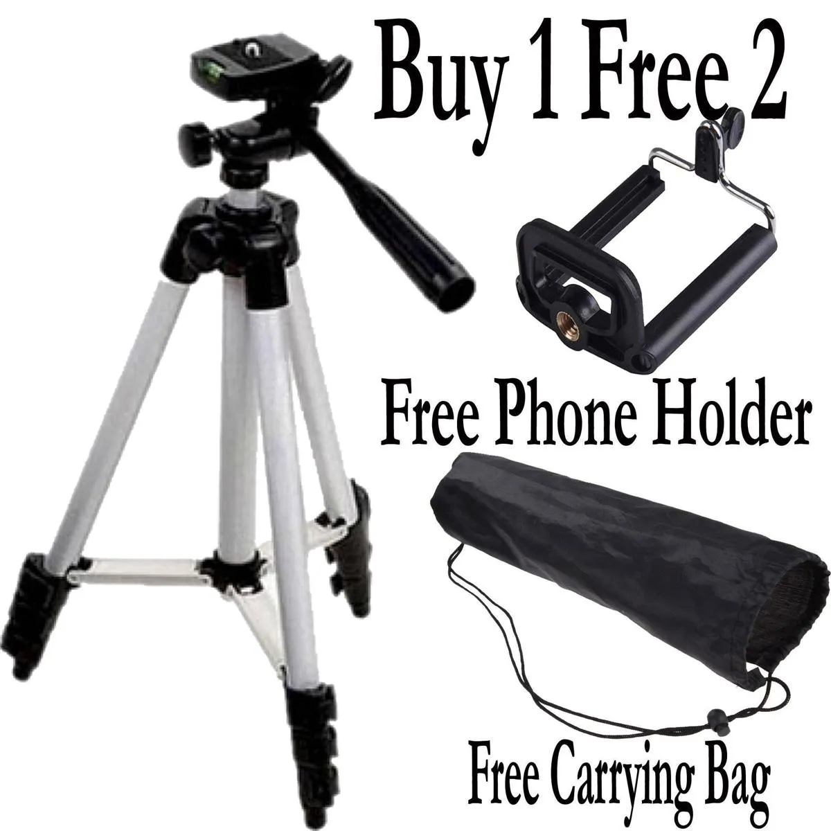 Tripod Stand With Phone Holder+ Carrying Bag with New Features Portable For Videos, Mobile Phone and DLSR Camera For Videography and Photography (Adjustable) Black & Silver 3110 Model Tripod Stand Best Quality