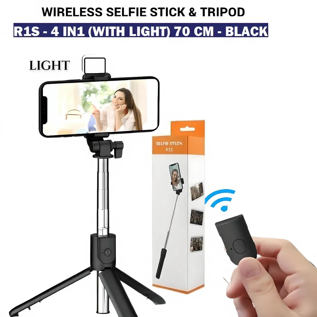4 in 1 Wireless Selfie Stick Foldable Mini Tripod Stand R1S Tripod (WITH LED LIGHT) | R1 (Without Light) Selfie Light Mobile Holder With Fill Light Shutter Remote Control For IOS Android | For Tiktok Vlogging Photography
