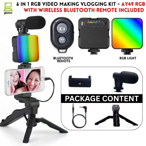 RGB 6 in 1 Video Making Vlogging Kit Tripod For Smartphone & Camera Vlog Kit - Mini LED Video Light, Extendable Phone Clip, Tripod with Adjustable Brightness For Live Stream Vlog Video Shooting Video Conference Selfie