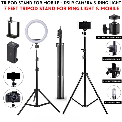 Aluminium 7 Feet Tripod Stand For Ring Light, Mobile Phones & DSLR Cameras - 360 Rotatable Portable & Adjustable 7 Ft Long Tripod With Mobile Holder & Ball Head - Best Use For Videography, Photography, Tiktok, Youtube, Studio Lighting, Equipment - Black