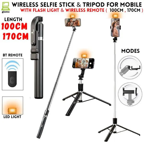 4 in 1 Wireless Selfie Stick & Tripod With Light - 100cm / 170cm With & Without Light - Tripod, Selfie Stick, Selfie Light, Bluetooth Shutter - Foldable & Portable For All Mobile Phones With Detachable Charging Cable - Black & Pink