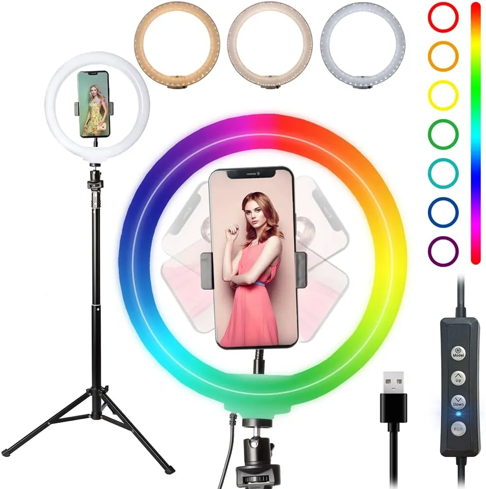 7 Feet Tripod Stand with 26 CM RGB Selfie Ring Light & Mobile Phone Holder for Tiktok Videos Best Quality Metal Tripod Tiktok Light, RGB 26cm Ring Light with 7ft Tripod Stand, Photography Kit - Elegant Home