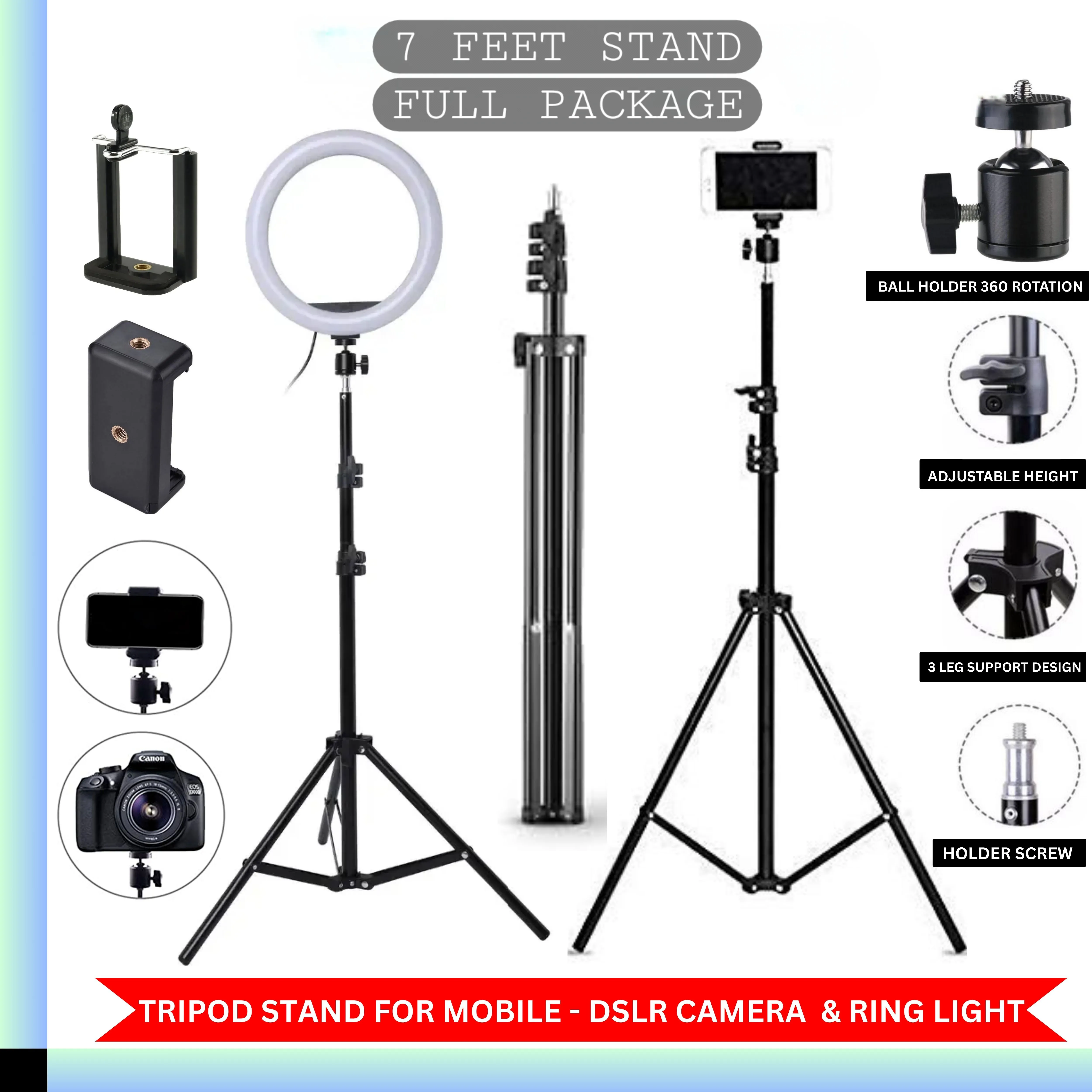 Aluminium 7 Feet Tripod Stand For Ring Light, Mobile Phones & DSLR Cameras - 360 Rotatable Portable & Adjustable 7 Ft Long Tripod With Mobile Holder & Ball Head - Best Use For Videography, Photography, Tiktok, Youtube, Studio Lighting, Equipment