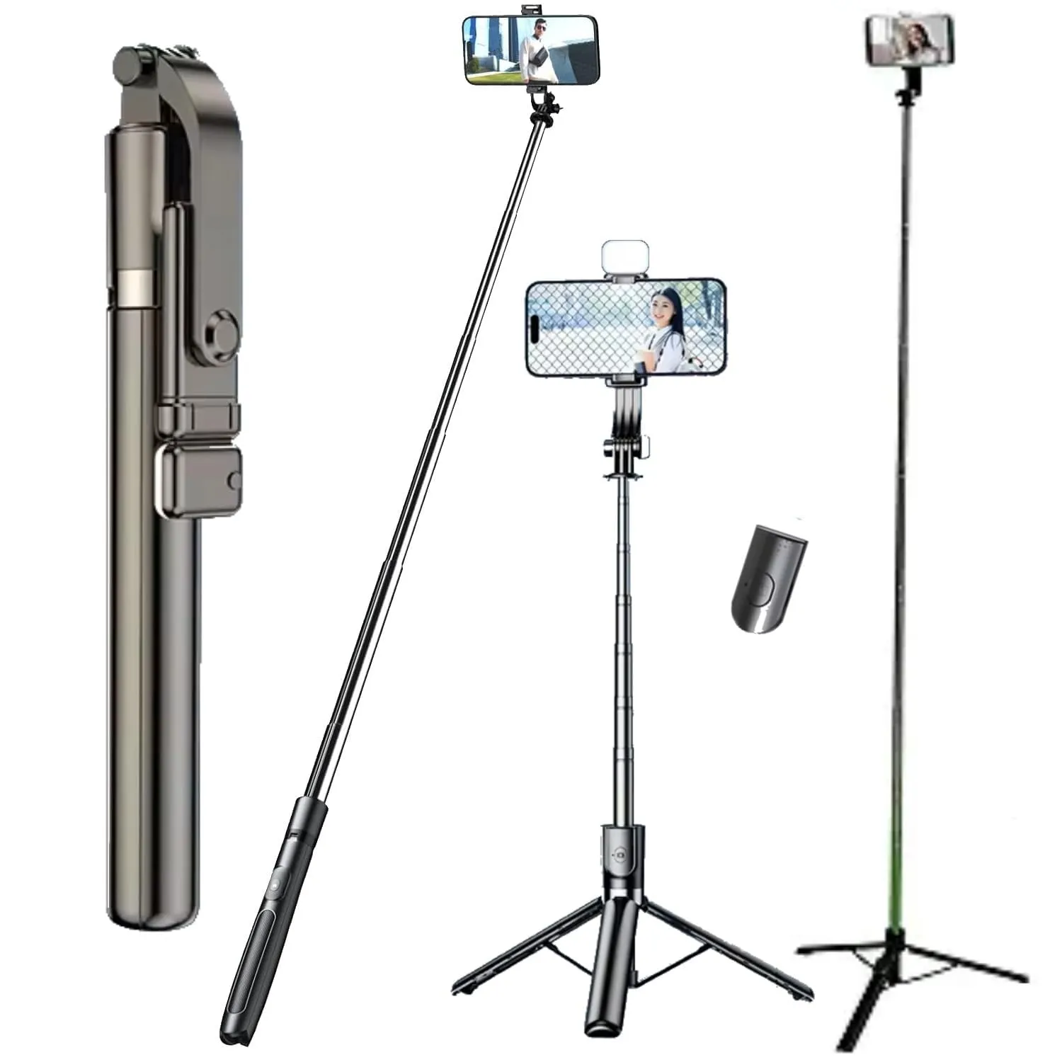 4 IN 1 R1SL Selfie Stick Bluetooth Remote Desktop Stand Portable Stretchable Holder Anti-Shake Stabilizer Mobile Holder Handle Retractable Portable Multi-functional Cellphone Grip Holder Tripod Stand for Mobile Phone Self-Timer With LED Light 5.7FT Height