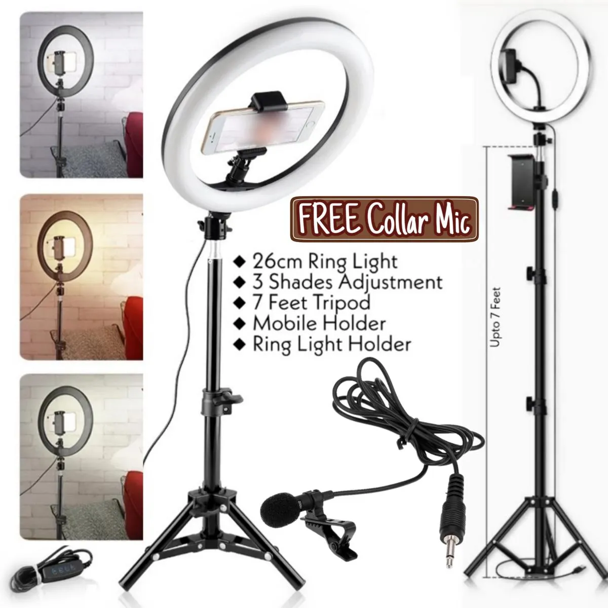 26cm Ring Light with 7ft Aluminium Tripod Stand & Mobile Holder (3 Shades in Light)