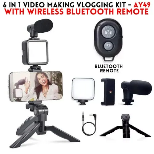 6 in 1 Video Making Vlogging Kit Tripod For Smartphone & Camera Vlog Kit - Mini LED Video Light, Extendable Phone Clip, Tripod with Adjustable Brightness For Live Stream Vlog Video Shooting Video Conference Selfie