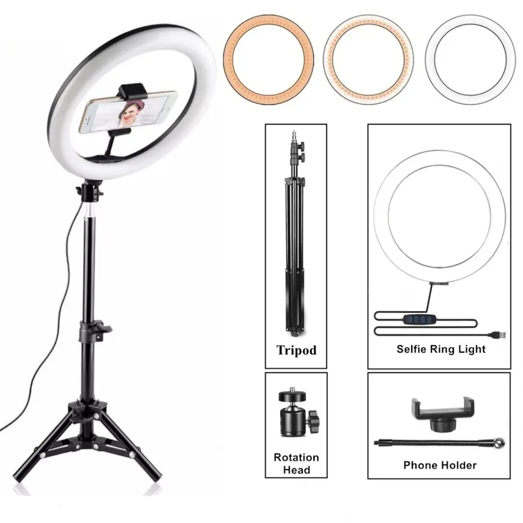 26cm Ring Light with 7ft Aluminium Tripod Stand & Mobile Holder (3 Shades in Light)